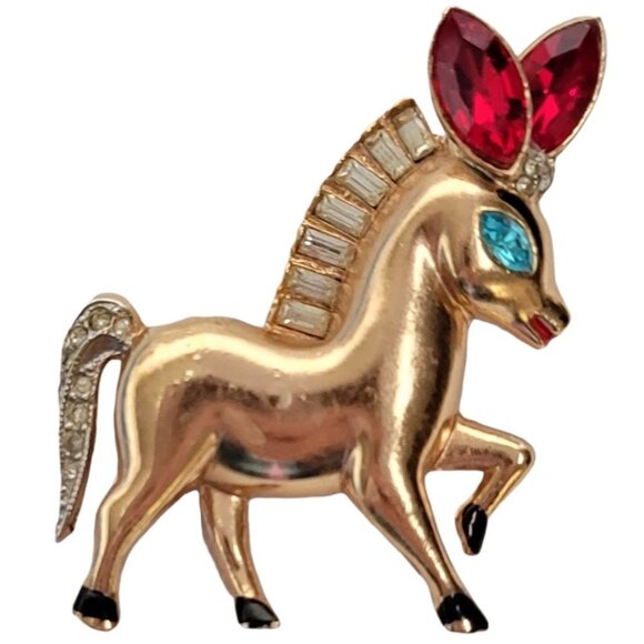 Coro Gold-Tone Pave Red Rubies Clear Baguettes Rare 'Dancing Donkey' Brooch